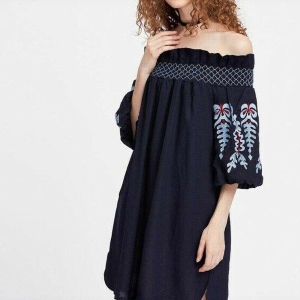 BLEUH CIEL Merlot Boho Embroidered Off-Shoulder Dress - Size S - Picture 2 of 7
